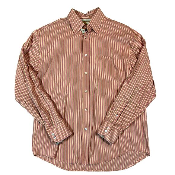 Bugatchi Uomo Flip Cuff Rayon Button Down Shirt Mens Large Orange Gold Striped - Picture 1 of 9
